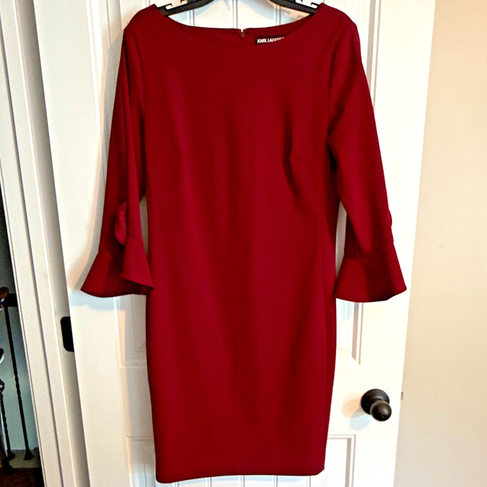 Karl Lagerfeld Paris Burgundy Sheath Knee Dress Boat Neck Bell Sleeve 8
